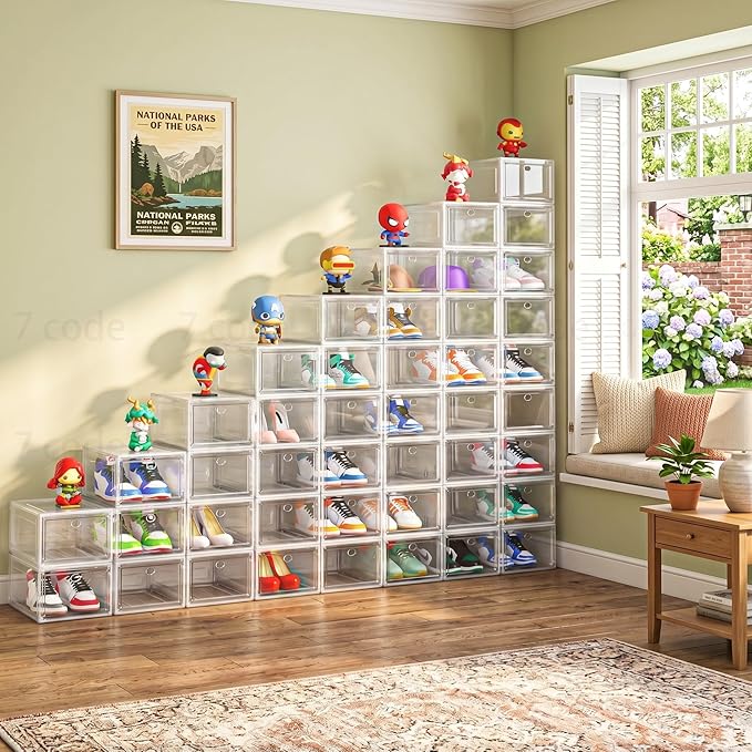 Sturdy Clear Shoe Organizer with Magnetic Door, Stackable Shoe Storage Box | Thick Plastic Shoe Storage for Sneakers & Boots, Collapsible Closet Shoe Rack and Clear Shoe Box, 6 Pack White
