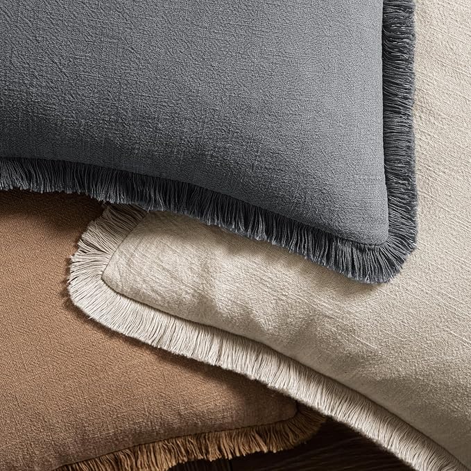 MIULEE Boho Linen Fringe Decorative Throw Pillow Covers Grey 18x18 | Set of 2, Cottagecore Decor, Boho Farmhouse Neutral Pillow Covers, Rustic Couch Cushion Cases for Sofa Bed Living Room