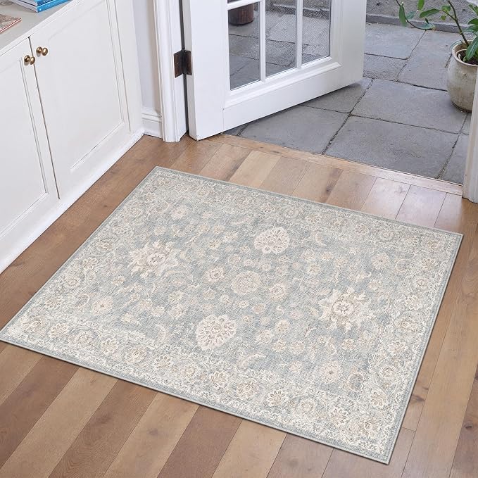 2x3 Blue Cream Neutral Area Rug | Washable, Vintage, Soft, Non Slip, Low Pile, Distressed, Door Mat for Entryway Entrance Bathroom Indoor Home Decor