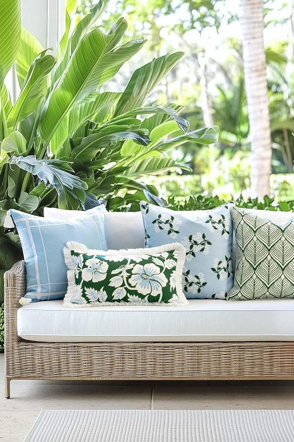 Hofdeco Premium Coastal Patio Indoor Outdoor Lumbar Pillow Cover Only, 12"x20" Water Repellent for Backyard, Couch, Green Baby Blue Print Tropical Hisbucs Flowers