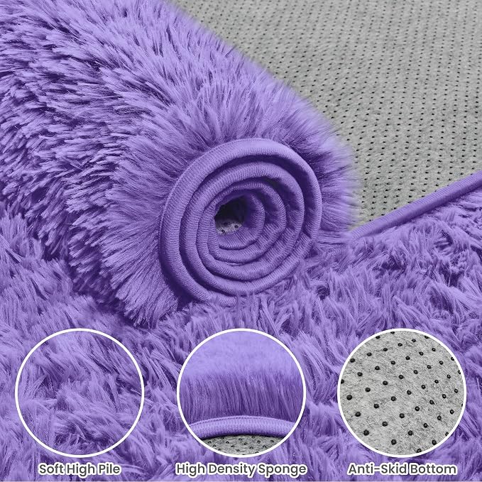 6x9 Fluffy Shag Area Rugs for Living Room Bedroom: Soft Plush Carpet Purple | Upgraded Non-Slip Thick Memory Foam, Ultra Soft, Non-Shedding Fuzzy Carpet, Easy Clean Decor for Kids Room, Nursery, Playroom