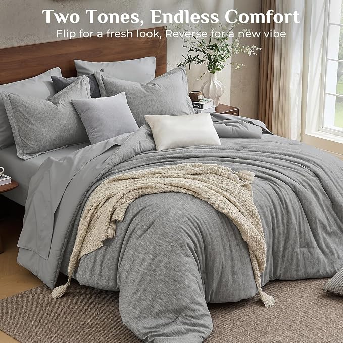 JOLLYVOGUE Grey King Comforter Set, Cationic Dyeing Bed in a Bag King 7 Pieces, Double-Tone Bedding Set with Down Alternative Comforter, Sheets, Pillowcases & Shams