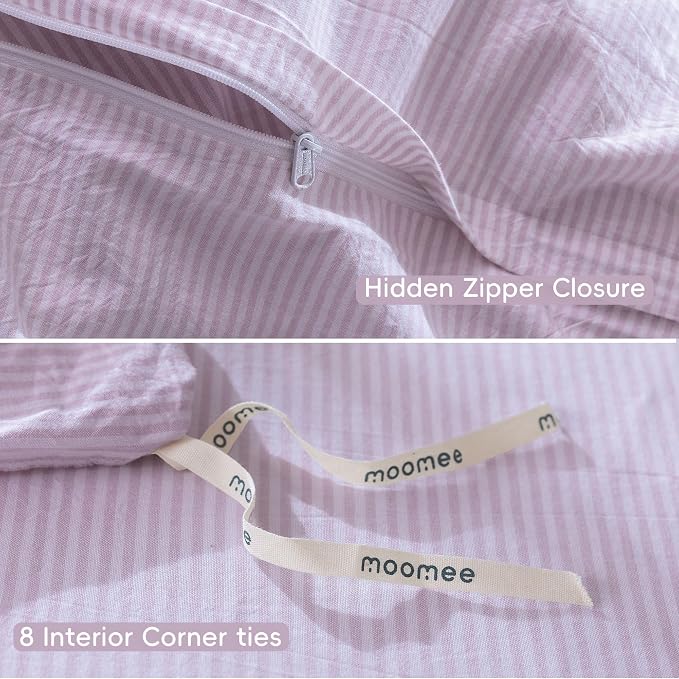 MooMee Striped Duvet Cover Set 100% Washed Cotton Linen Like Queen | Relaxed Linen-like Texture. Soft, Breathable & Long-lasting Comfort. Lightweight. Hidden Zipper with 8 Interior Corner Ties