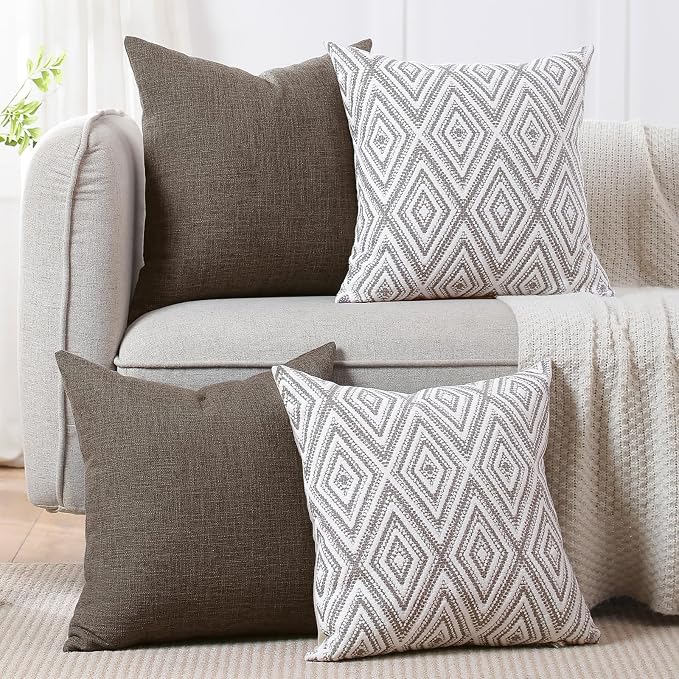 HPUK Throw Pillow Covers 20x20, Set of 4, Natural Couch Pillow Covers | Polyester fabric, patterned and solid designs, hidden zippers, machine washable, for sofas and beds, inserts not included