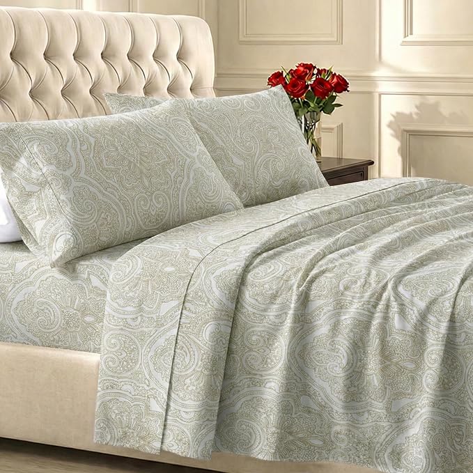 California Design Den 100% Cotton Sateen California King Sheet Sets | 400 Thread Count Backed by Good Housekeeping Seal, 16" Deep Pocket, All-Around Elastic, Easy Care - Paisley Beige Print