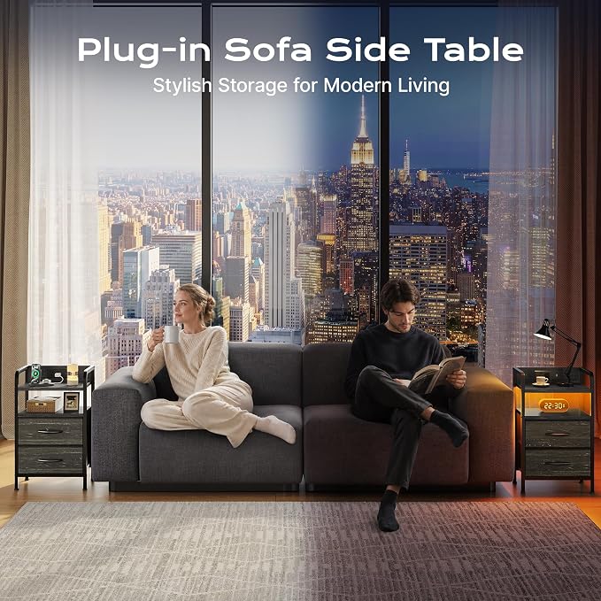 Huuger Nightstands Set of 2, Night Stand with LED Lights, Charging Station | USB-C Ports, 2 Drawers Bedside Table, Open Shelf, 2-Way Power Panel Install, End Table, Charcoal Black Wood Grain Print