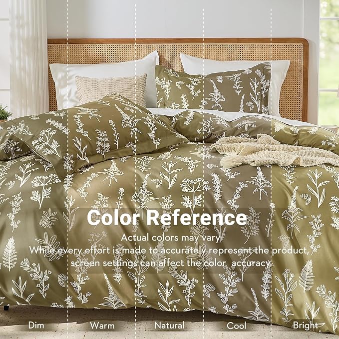 MUXHOMO Duvet Cover King Size, Reversible Floral Olive Green Duvet Cover Set with Zipper Closure, 3 Pieces Botanical Patterns Soft Microfiber Bedding Set (90"x104", 2 Pillow Cases 20"×36")