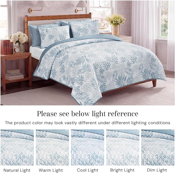Twin/Twin XL Quilt Set-2 Pieces Soft Bedding Floral Reversible Coverlet | All Seasons Lightweight Quilts Queen Size for Bed, Breathable Vintage Bedspread with Sham, Blue Leaf