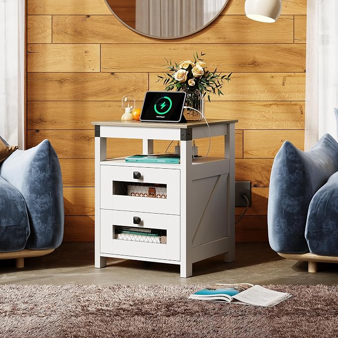 WLIVE Nightstand with Charging Station, Farmhouse End Table, Bed Side Table with 2 Storage Drawers and Open Shelf, Wood Rustic Nightstands for Bedroom, White and Greige