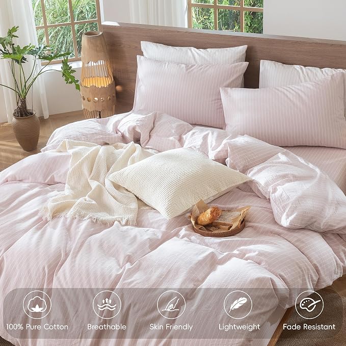 MooMee Striped Duvet Cover Set 100% Washed Cotton Linen Like Queen | Relaxed Linen-like Texture. Soft, Breathable & Long-lasting Comfort. Lightweight. Hidden Zipper with 8 Interior Corner Ties
