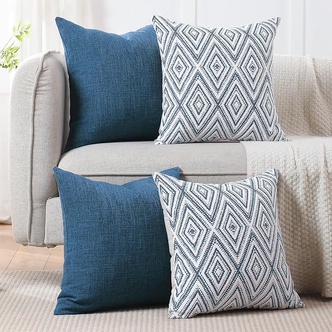 HPUK Throw Pillow Covers 20x20, Set of 4, Navy Blue Couch Pillow Covers | Polyester fabric, patterned and solid designs, hidden zippers, machine washable, for sofas and beds, inserts not included