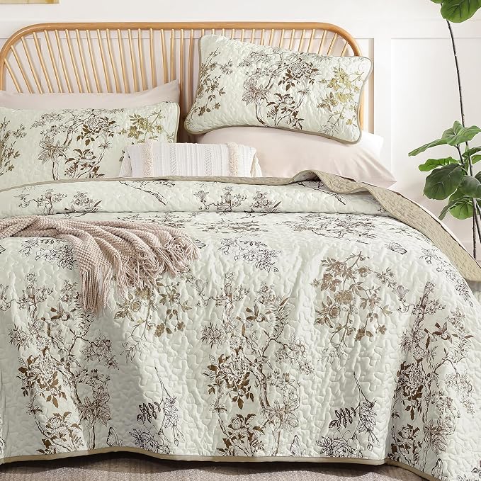 WONGS BEDDING Floral Quilt Set Full,3 Pcs Brown Bedspreads Coverlets Set | Spring Summer Floral Farmhouse Bedspread with 2 Shams,Soft Microfiber Lightweight Coverlet for All Season 78"×90"