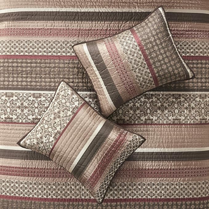 Madison Park Quilt Set Luxurious Jacquard Stripes Design - All Season, Coverlet Bedspread Lightweight Bedding Layer, Shams, Decorative Pillow, King/Cal King(104"x94"), Floral Red 5 Piece | All Season, Luxurious Coverlet Bedspread Lightweight Bedding La...