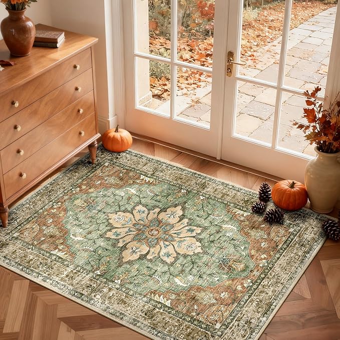 RELEANY Washable Area Rug, Small 2'x3', Brick/Brown/Green | Non-Slip, Water Repellent, Pet Friendly, Easy to Clean, Vintage Floral Boho Decor for Kitchen Entryway Bathroom