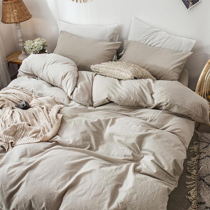 MooMee Duvet Cover Set 100% Washed Cotton Linen Like Queen | Relaxed Linen-like Texture. Soft, Breathable & Long-lasting Comfort. Lightweight. Hidden Zipper with 8 Interior Corner Ties