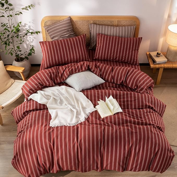 BESTOUCH Striped Cotton Duvet Cover Set Linen Feel Queen | 100% Washed Cotton, Soft Wrinkle Texture, Hidden Zipper, 8 Ties, Breathable Lightweight Durable Comfy, 3 Pcs No Insert