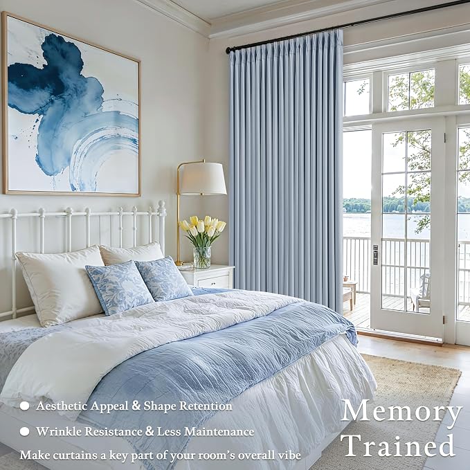 Light Blue Pinch Pleated Dual Layer Blackout Linen Curtains 102 Inches Long | Dual Layer Pleated Drapes, Farmhouse Coastal, Sky Baby Blue, Thermal Insulated Room Darkening, for Dining Living Room, 40x102