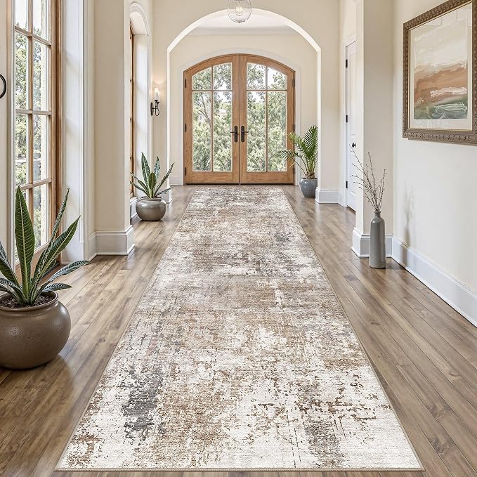 UERMEI 3x12 Washable Runner Rug for Hallway, Non Slip Low Pile Kitchen Carpet, Neutral Modern Abstract Indoor Floor Mat for Entryway Laundry, Kid & Pet Safe High Traffic Area, Brown/Grey/Red