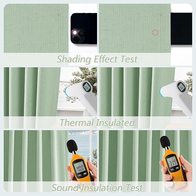 Aqua Green 100% Blackout Linen Curtains 90 Inch Length 2 Panels Set for Living Room Bedroom Back Tab Thermal Insulated Black Out Drapes Room Darkening Window Curtains 90 Inches Long