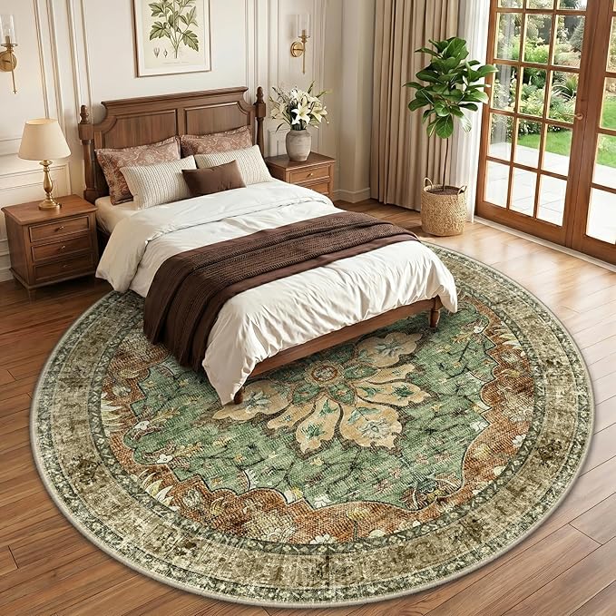 RELEANY Washable Area Rug, Round 10ft, Brick/Brown/Green | Non-Slip, Water Repellent, Pet Friendly, Easy to Clean, Vintage Floral Boho Decor for Living Room Bedroom Dining Room