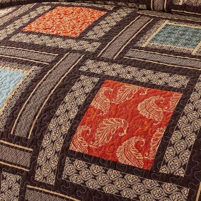 Cotton Patchwork Bedspread, 3-Piece Bedding Quilt Set with Real Stitched Embroidery, Reversible Matelasse Bed Coverlet Set,Bohemian Farmhouse,King Size