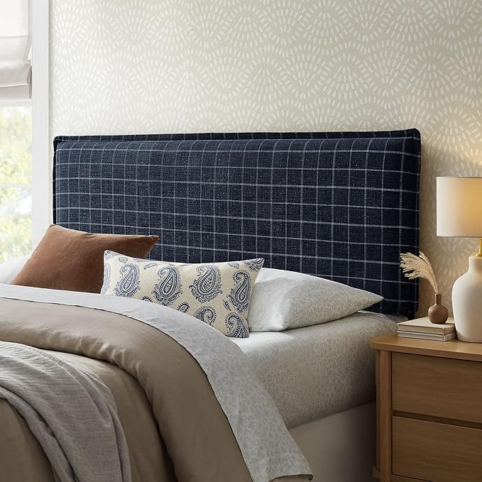 Modway Camille King Size Checkered Linen Blend Plaid Headboard with Removable Slipcover – in Denim Windowpane Check - Padded Pillow Style Headboard with Adjustable Mounting for King Beds