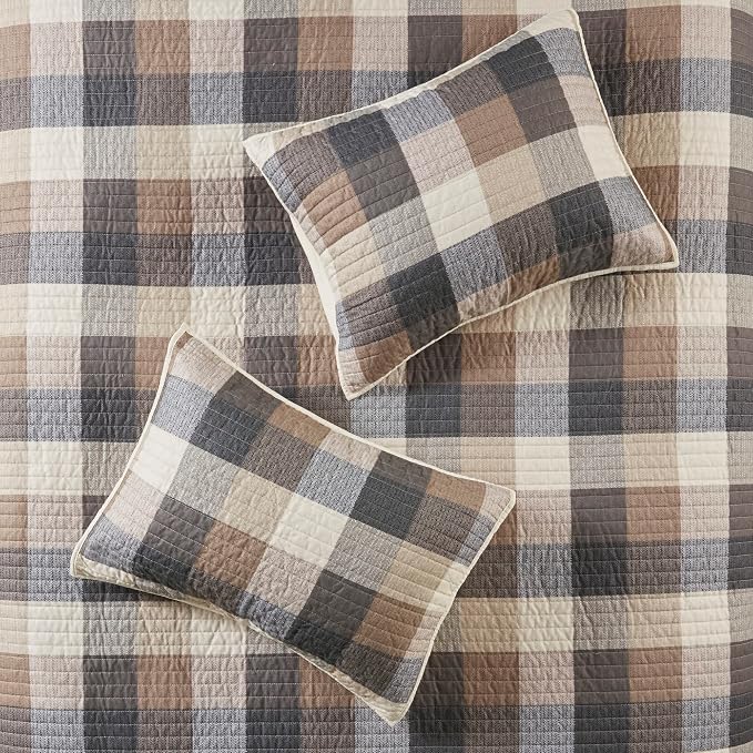 Madison Park Cabin Lifestyle Plaid Quilt Set, 6PC King/Cal King Coverlet | All Season, Luxurious Coverlet Bedspread Lightweight Bedding Layer, Shams, Decorative Pillow, Neutral