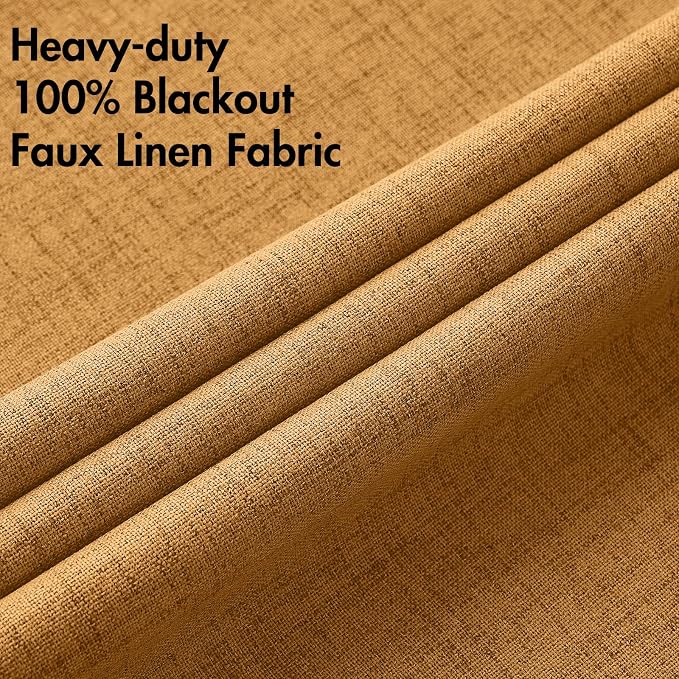 MIULEE 100% Blackout Linen Curtains for Bedroom 52x108 Inch Mustard Yellow | Room Darkening, Light Blocking, Thermal Insulated, Grommet Top, Linen Textured, Window Curtains for Living Room, 2 Panels