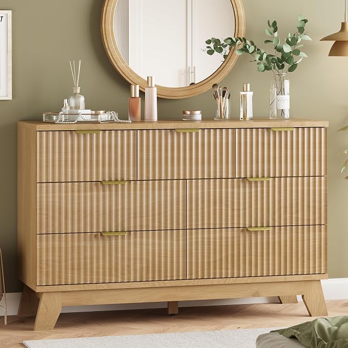 Fluted Dresser for Bedroom with 7 Drawers, 48" Wide Modern Chest of Drawers with Metal Handle, Wood Dresser TV Stand, Wooden Closet Clothes Storage Organizer for Living Room, Hallway, Natural Oak