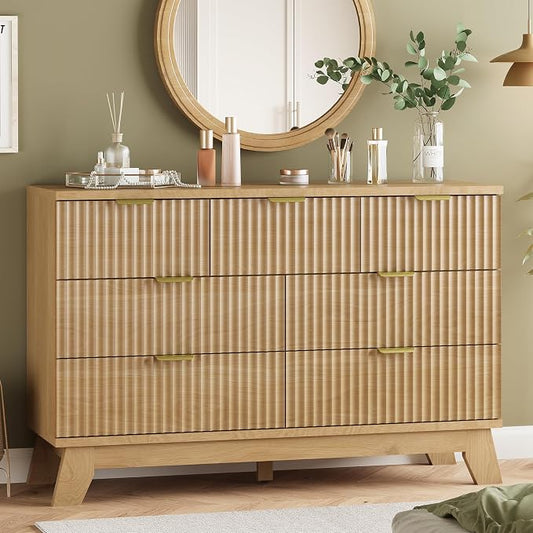 Fluted Dresser for Bedroom with 7 Drawers, 48" Wide Modern Chest of Drawers with Metal Handle, Wood Dresser TV Stand, Wooden Closet Clothes Storage Organizer for Living Room, Hallway, Natural Oak