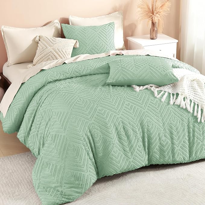 Litanika Queen Size Comforter Set, 3 Pieces Tufted Boho Bedding Set | Sage Green Farmhouse Shabby Chic Vintage Bohemian Textured Aesthetic Soft Fluffy Lightweight Breathable All Season Bed Set