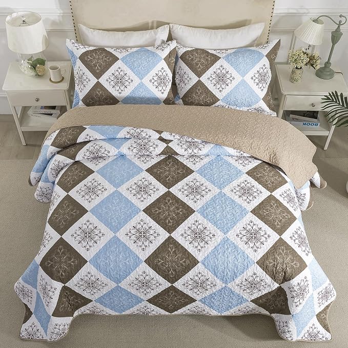 Quilt Set King Size, Bedspread Sets Dusty Blue Floral, Quilt Bedding Set Lightweight and Breathable for All Seasons, Soft Quilted Bedspread with 2 Pillow Shams