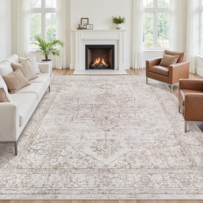 9x12 Washable Area Rugs for Living Room Beige Brown Non-Slip Rug | Vintage Medallion Rug，Soft Low Pile Large Rugs，Indoor Retro Carpet for Bedroom Nursery Dining Table Farmhouse Home Office