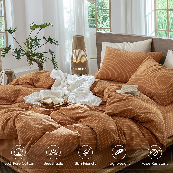 MooMee Striped Duvet Cover Set 100% Washed Cotton Linen Like King | Relaxed Linen-like Texture. Soft, Breathable & Long-lasting Comfort. Lightweight. Hidden Zipper with 8 Interior Corner Ties
