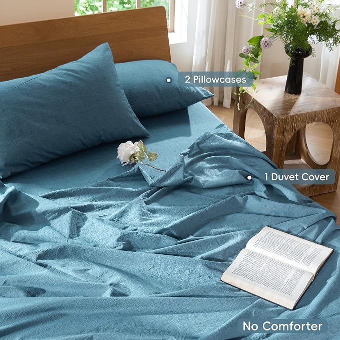 MooMee Duvet Cover Set 100% Washed Cotton Linen Like King | Relaxed Linen-like Texture. Soft, Breathable & Long-lasting Comfort. Lightweight. Hidden Zipper with 8 Interior Corner Ties