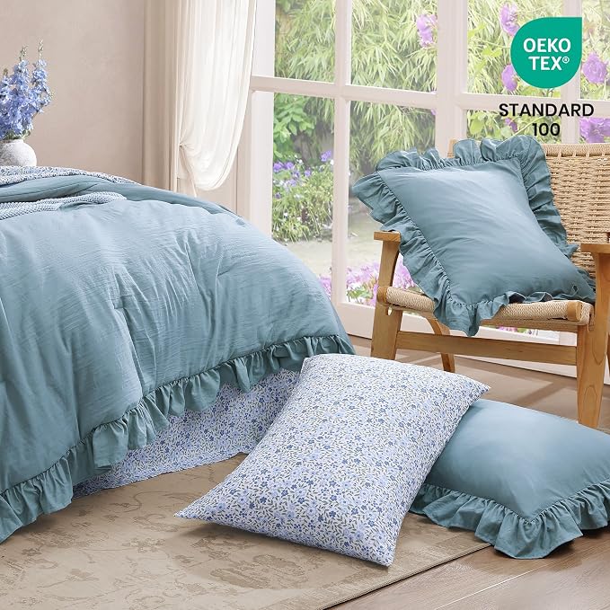 Queen Comforter Set-7 Pieces Ruffle Bedding with Floral Sheet | Blue Bed in a Bag, Soft Lightweight All Season Farmhouse Queen Bedding Sets with Floral Sheets, Pillowcases & Shams
