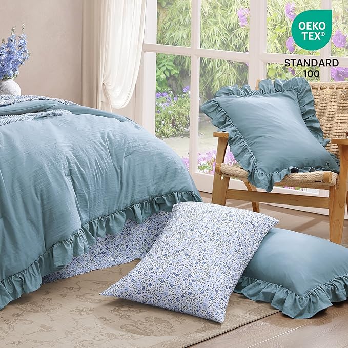Oversized King Comforter Sets-7 Pieces Ruffle Bedding | Blue Bed in a Bag, Soft Lightweight All Season Farmhouse King Size Bedding Sets with Floral Sheets, Pillowcases & Shams
