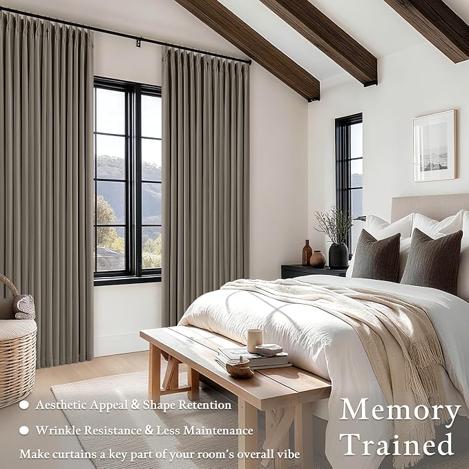 TWODRAPES Taupe Grey Linen Blackout Pleated 105 Inch Curtains for Living Room
