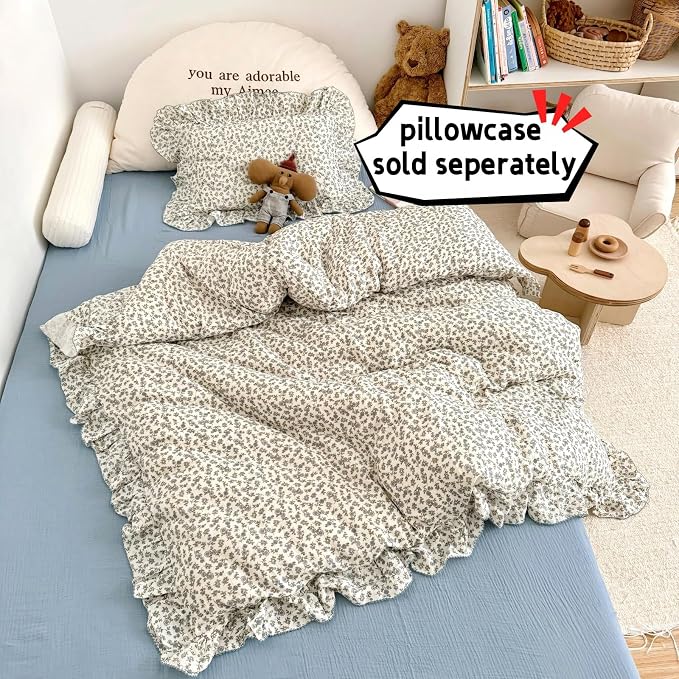 Blue Floral Toddler Kids Duvet Cover for Girls Boys 100% Cotton Muslin Quilt Cover for Toddler Bed Vintage Flower Design Duvet Cover with Ruffles, 47"x59", Pillow Case Not Included