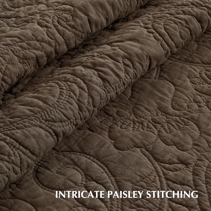 EVERGRACEHOME 100% Cotton Paisley Quilt Set, Queen Size, Cocoa Brown | Prewashed for Softness, Year-Round Breathability, Gift-Ready Box, Matelasse-style Quilted Coverlet, 3 Piece Set with 2 Shams