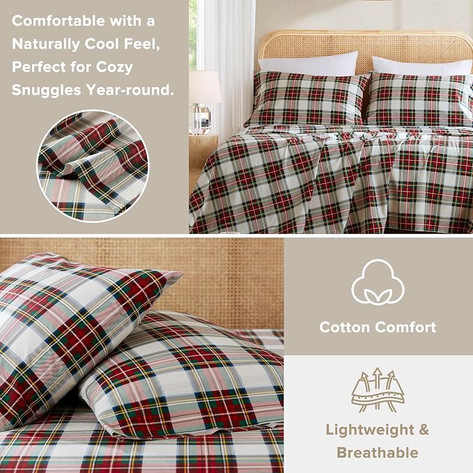Comfort Spaces 100% Cotton Percale Sheets Full Sheet Set, 4 Piece | Crisp, Cool & Breathable Bed Sheets, 14" Deep Pocket Fits Up to 16" Mattress, Lightweight, All Season, Scottish Plaid Red