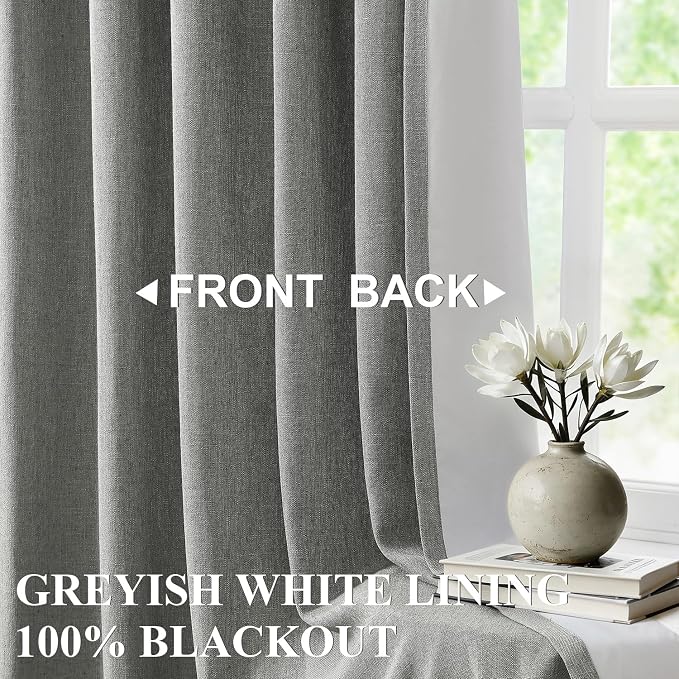 Vision Home Pinch Pleated Dark Grey Blackout Curtains 95 inch Linen Blended Room Darkening Drapes with Thermal Insulation & Back Tab Hooks for Bedroom Living Room, 40" Wx95 L 2 Panels