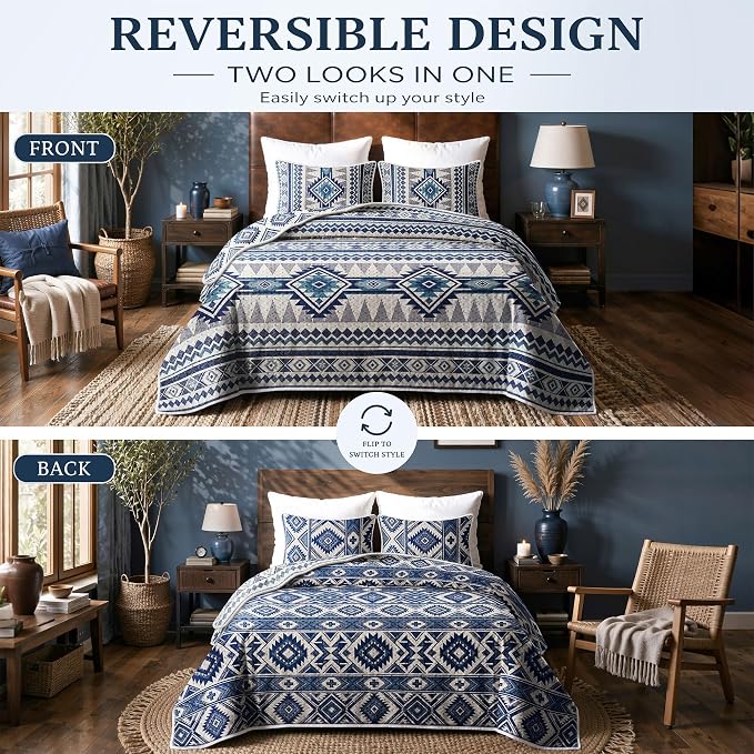 akkialla Reversible Blue Boho King/Cal King Quilt Set, 2-Piece Bohemian Aztec Microfiber Bedspread, Soft Lightweight All-Season Coverlet (1 Quilt, 2 Shams)