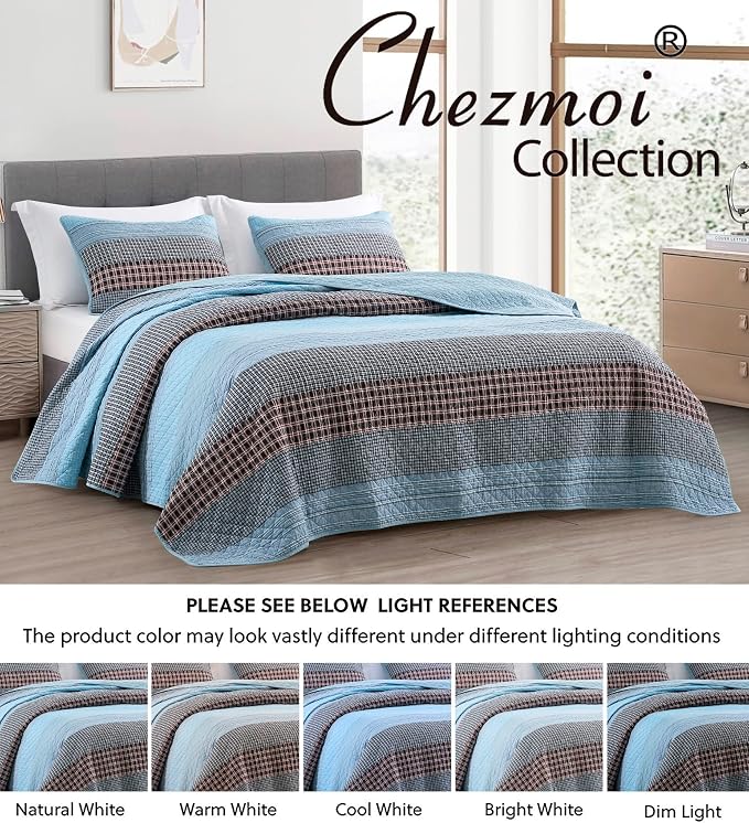 Chezmoi Collection Lincoln 3-Piece Pre-Washed Cotton Patchwork Quilt Set King - Solid Plaid Multi Striped Coverlet Set - Lightweight Reversible Bedspread Bedding Set King Size