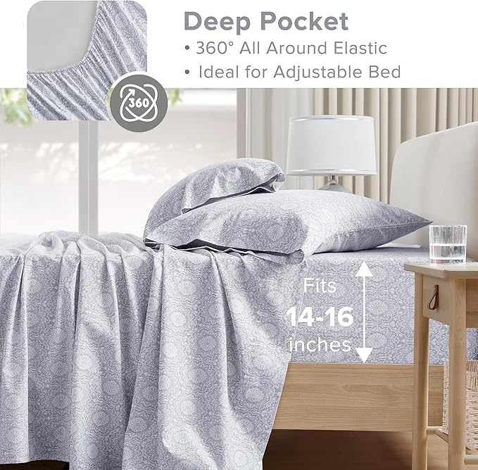 Comfort Spaces 100% Cotton Percale Sheets Queen Size 4 Pcs, Adelia Gray | Crisp, Cool & Breathable Bed Sheets, 14" Deep Pocket Fits Up to 16" Mattress, Lightweight, All Season Cozy, with Pillow Case
