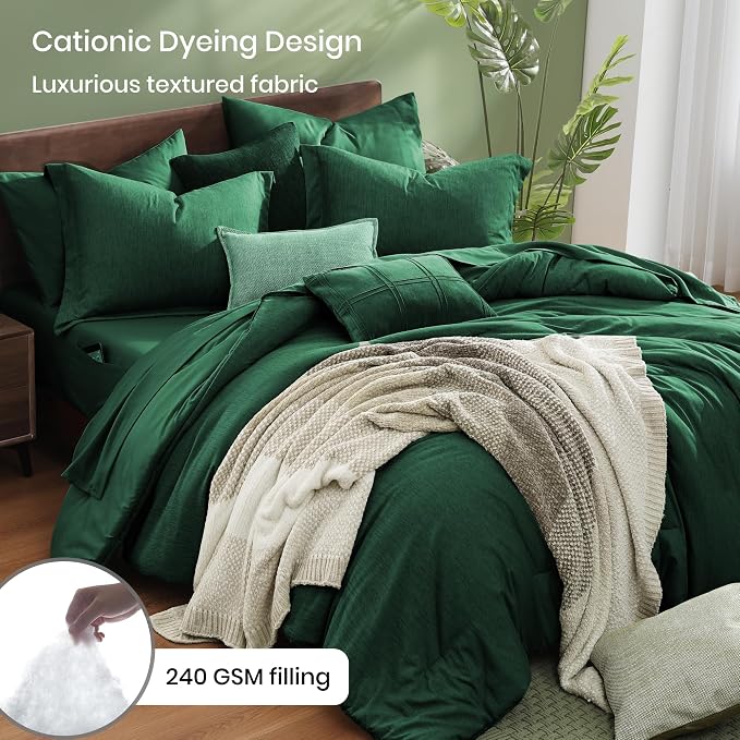 Monbix Full Size Comforter Set 7 Pieces Emerald Green Bed in a Bag | Cationic Dyeing Reversible All Season Bedding Sets with Comforter, Sheets, Pillowcases & Shams