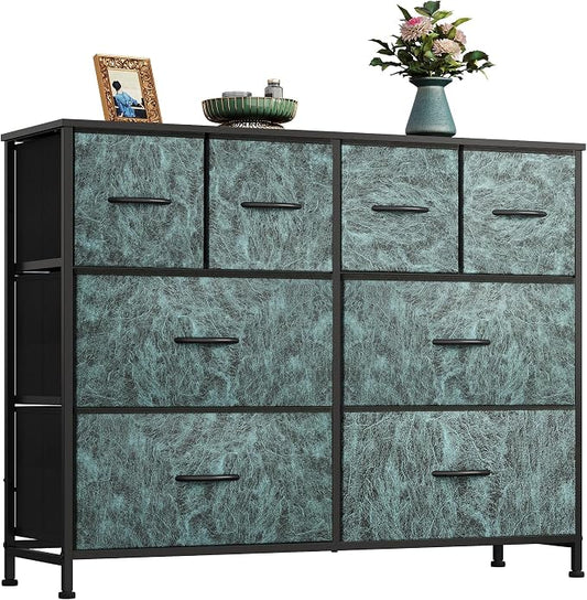 WLIVE Wide Dresser for Bedroom, 8 Drawer Chest of Drawers, Vintage Green | 8 roomy fabric drawers, Wide storage design, Bedroom or closet use, Sturdy steel frame, Smooth wood tabletop