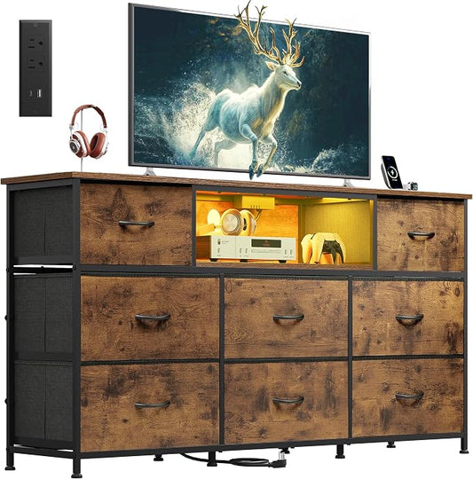WLIVE LED Dresser TV Stand for 65 Inch TV, 8 Drawers, Rustic Brown | Fits TVs up to 65 inch, 8 fabric drawers, LED chest of drawers, Built-in power outlet, Living room or bedroom
