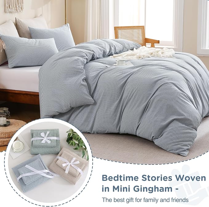 TOCOMOA Mini Gingham Blue Duvet Cover Set Washed Cotton Like Linen, King | 100% Washed Cotton Linen-Like Feel Soft, Breathable & Comfy. Lightweight Bedding Set with Zipper & 8 Ties. 3 Pcs, No Insert