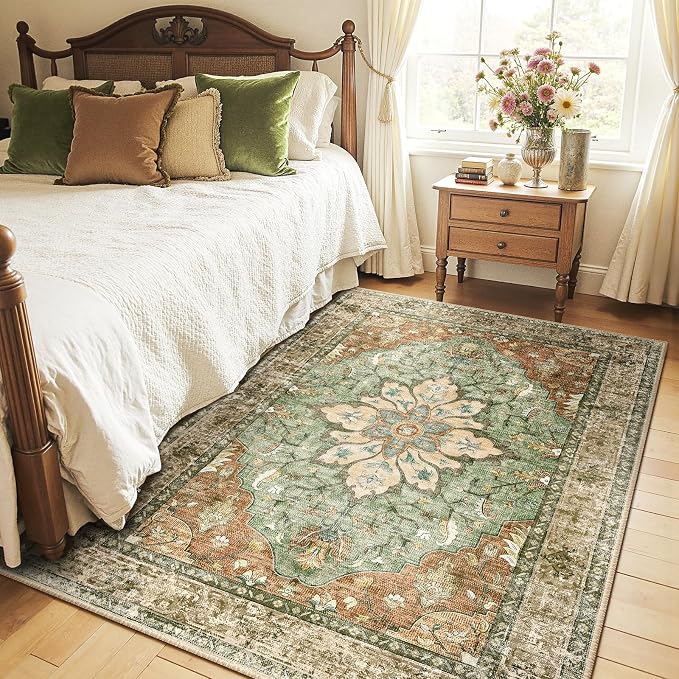 RELEANY Washable Area Rug, 4'x6', Brick/Brown/Green | Non-Slip, Water Repellent, Pet Friendly, Easy to Clean, Vintage Floral Boho Decor for Living Room Bedroom Kitchen Office